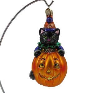 Old World Christmas Black Cat Jack O Lantern Pumpkin Glitter Glass Ornament OWC
